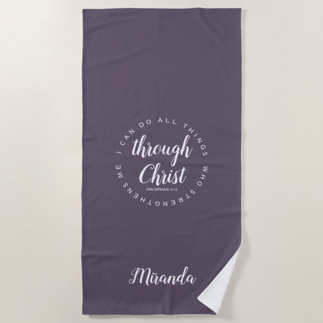 I Can Do All Things Through Christ Purple Plum Beach Towel (Front)