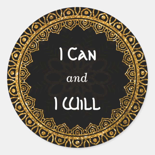 'I Can, I WIll' Gold Mandala Affirmation Stickers (Front)