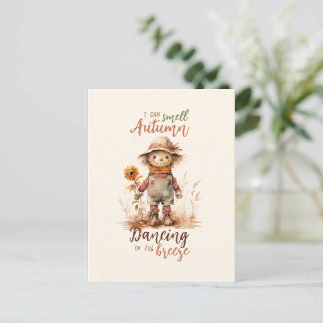I Can Smell Autumn – Rustic Scarecrow & Sunflower Postcard (Standing Front)
