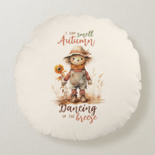 I Can Smell Autumn – Rustic Scarecrow & Sunflower Round Cushion