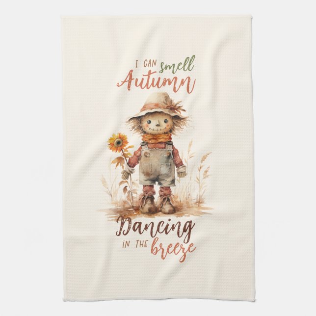 I Can Smell Autumn – Rustic Scarecrow & Sunflower Tea Towel (Vertical)