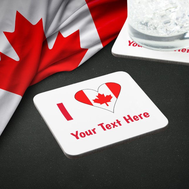 I (Canadian Flag Heart) Your Red Text Coaster (Hard plastic coaster with heart shaped Canadian flag used to read I LOVE YOUR YEXT HERE.)