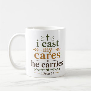 I Cast My Cares He Carries Christian Scripture Coffee Mug