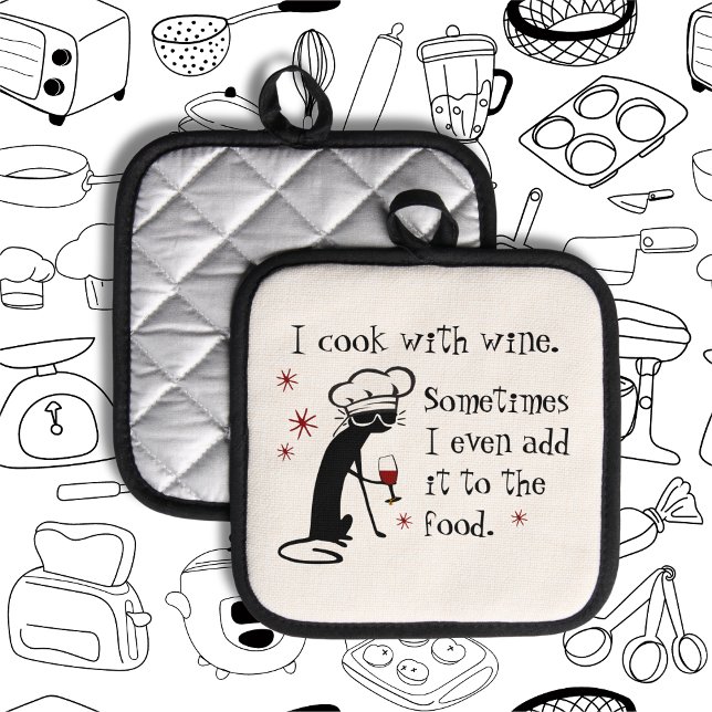 I Cook With Wine Funny Quote with Cat Pot Holder (Creator Uploaded)