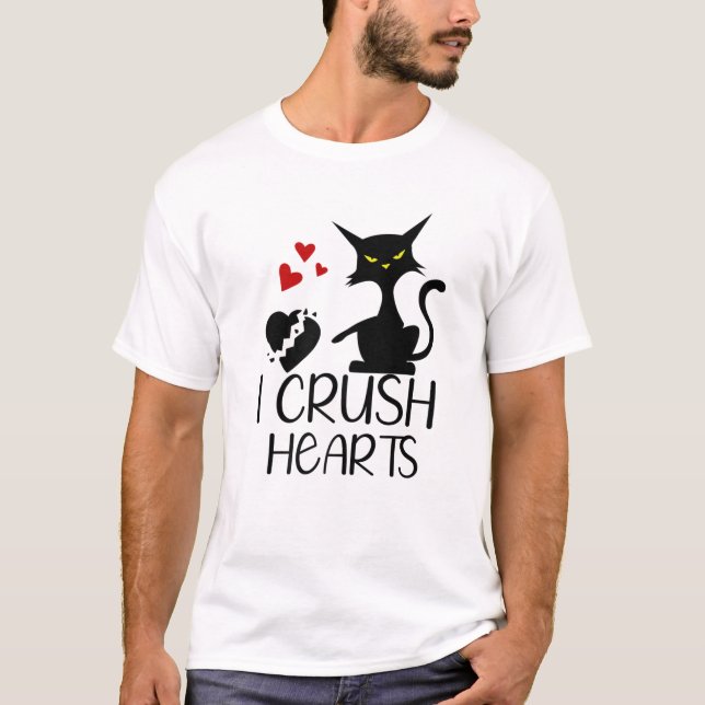 I Crush Hearts Funny Black Cats Valentine Cat Crus T-Shirt (Front)