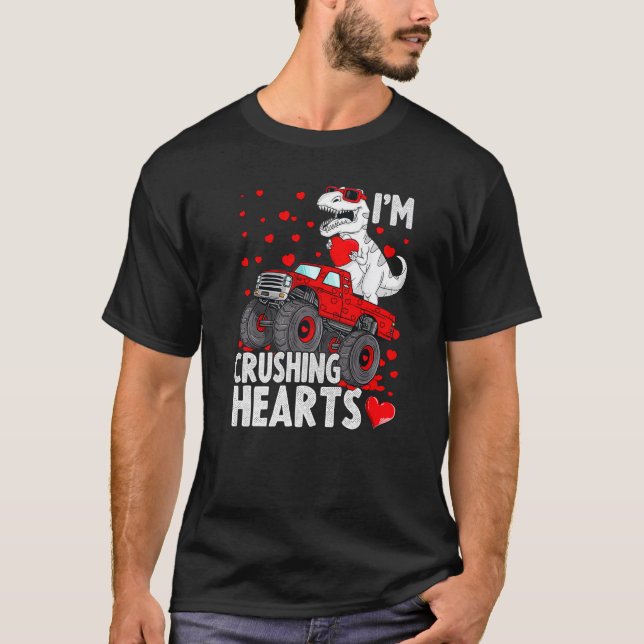 I Crush Hearts Trex Dino Monster Truck Boys Valent T-Shirt (Front)