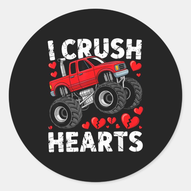 I Crush Hearts Valentine Monster Truck Boys Toddle Classic Round Sticker (Front)