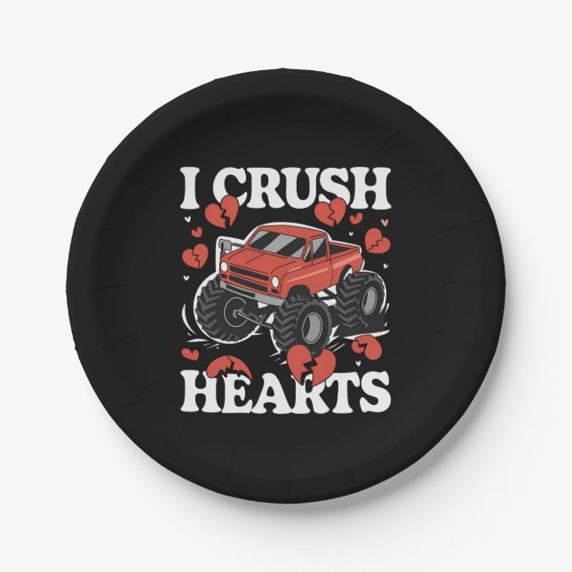 I Crush Hearts Valentine's Day Monster Truck Paper Plate (Front)