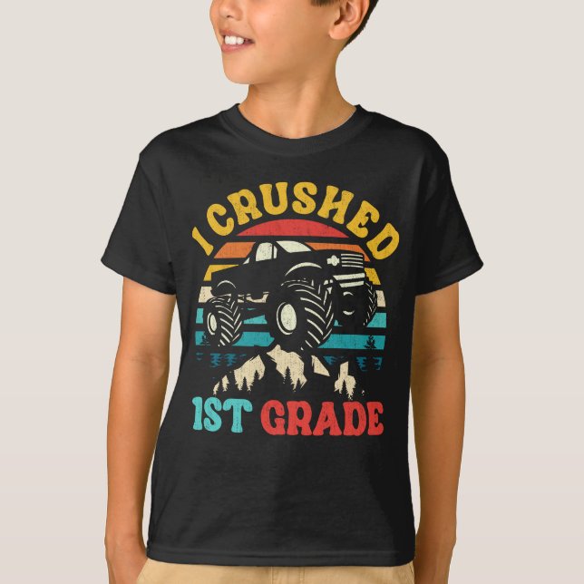 I Crushed 1st Grade Monster Truck Graduation Cap T-Shirt (Front)