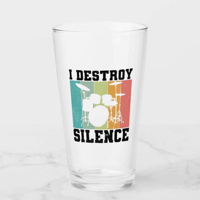 I Destroy Silence Distressed Vintage Drummer Retro Glass (Front)