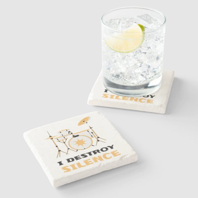 I Destroy Silence Funny Drummer Stone Coaster (Side)