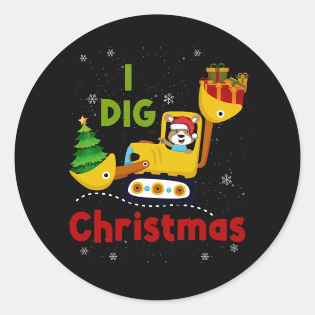 I Dig Christmas Excavator Construction Boys Toddle Classic Round Sticker (Front)