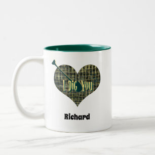 I Dig You Yellow Grid Heart With Shovel Two-Tone Coffee Mug