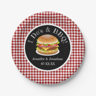 I Do and BBQ Red Gingham Hamburger Casual Wedding Paper Plate