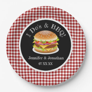 I Do and BBQ Red Gingham Hamburger Casual Wedding Paper Plate