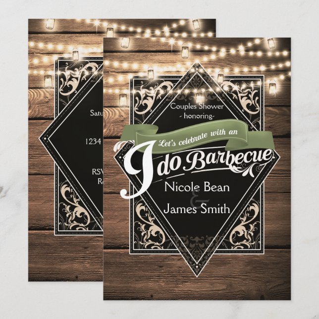 I DO BARBECUE BBQ Rustic Wood & Lights Engagement Invitation (Front/Back)