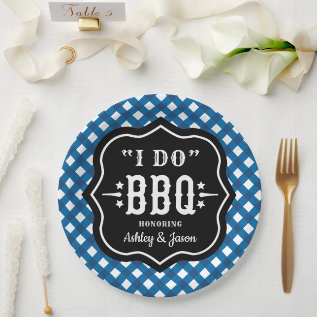 I Do BBQ Blue Gingham Wedding Paper Plate (Wedding)