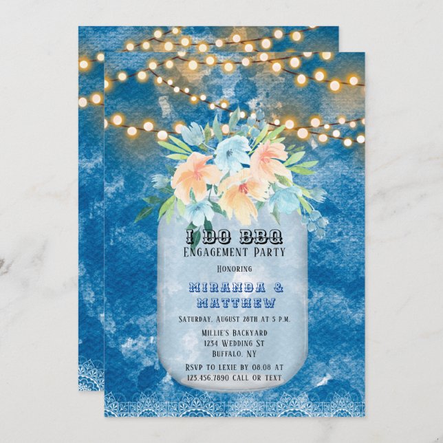 I Do BBQ Blue Lights Mason Jar Engagement Party  Invitation (Front/Back)