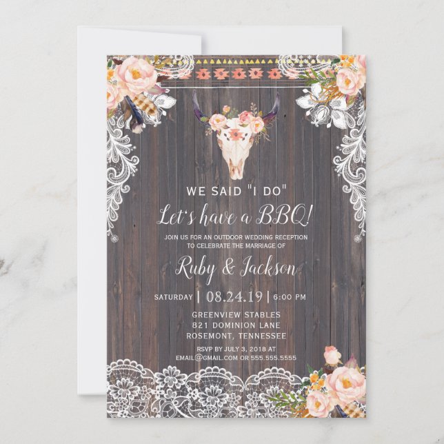 I DO BBQ Boho Lace & Floral Reception Invitation (Front)
