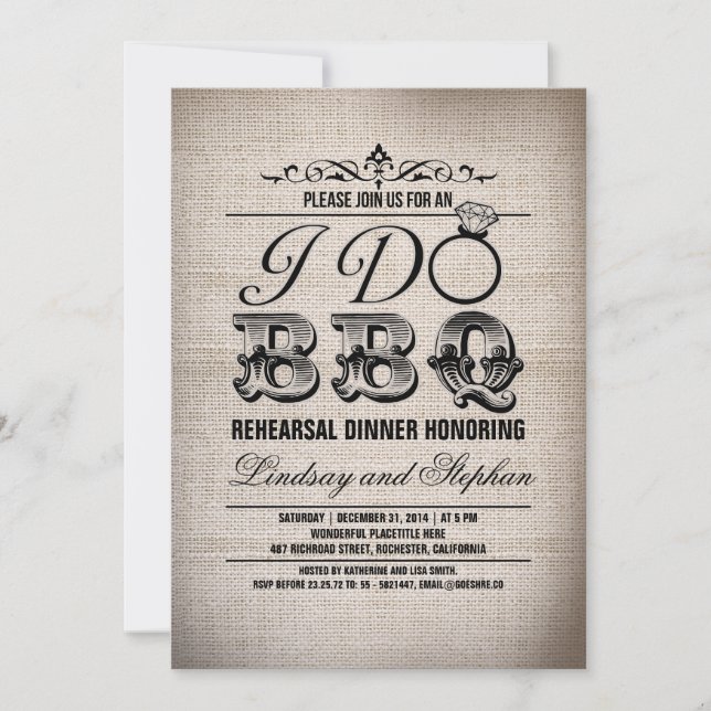 I do BBQ burlap rehearsal dinner invitation (Front)