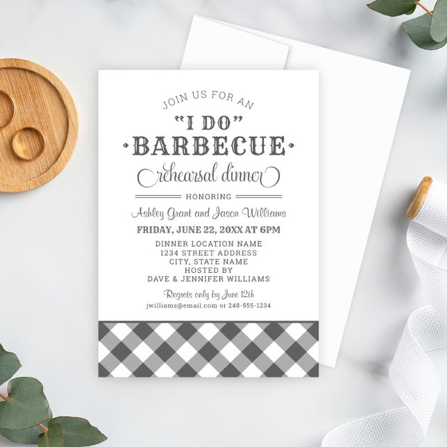 I Do BBQ Charcoal Grey Gingham Rehearsal Dinner Invitation (Creator Uploaded)