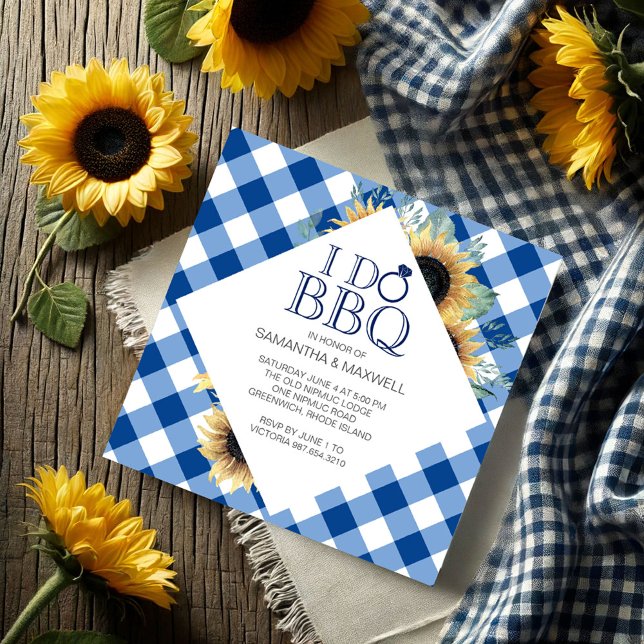 I Do BBQ Couples Shower Invitation (I do bbq invitations features sunflowers and blue gingham print. )