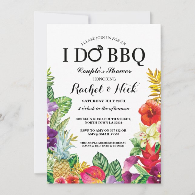 I DO BBQ Couples Shower Pretty Aloha Floral Invite (Front)