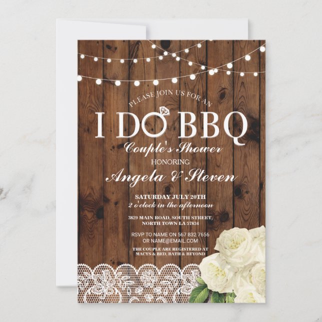 I DO BBQ Couple's Shower String Lights Rose Invite (Front)