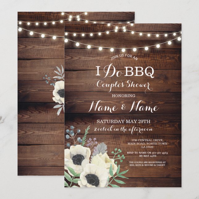 I Do BBQ Couple's Shower White Floral Anemone Wood Invitation (Front/Back)