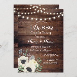 I Do BBQ Couple's Shower White Floral Anemone Wood Invitation