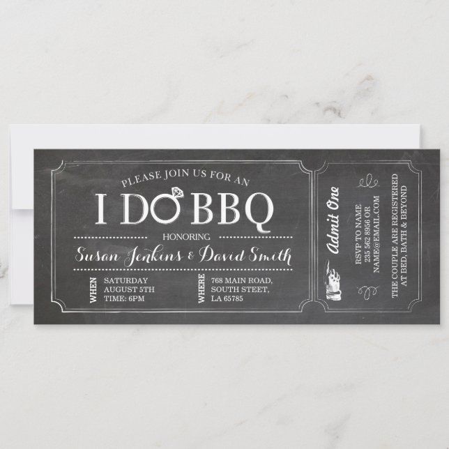 I DO BBQ Engagement Chalkboard Ticket Invitation (Front)