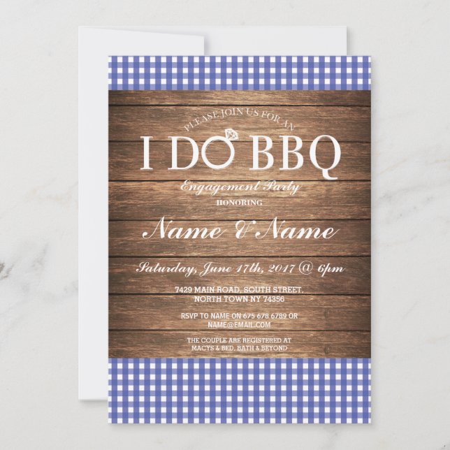 I DO BBQ Engagement Party Blue Check Invite (Front)