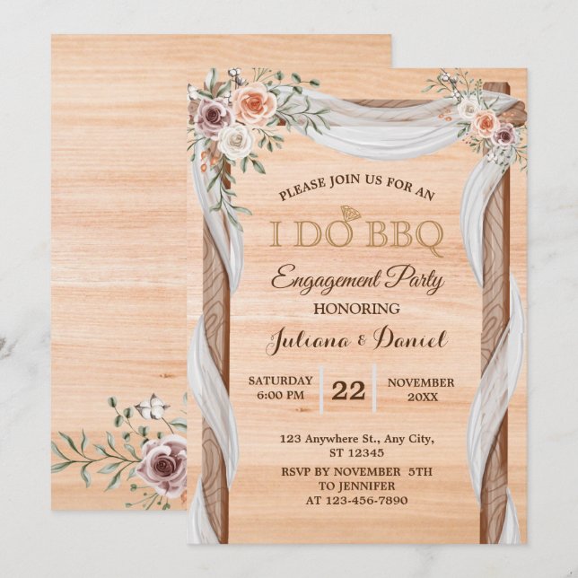 I DO BBQ Engagement Party Modern Wood Floral  Invitation (Front/Back)
