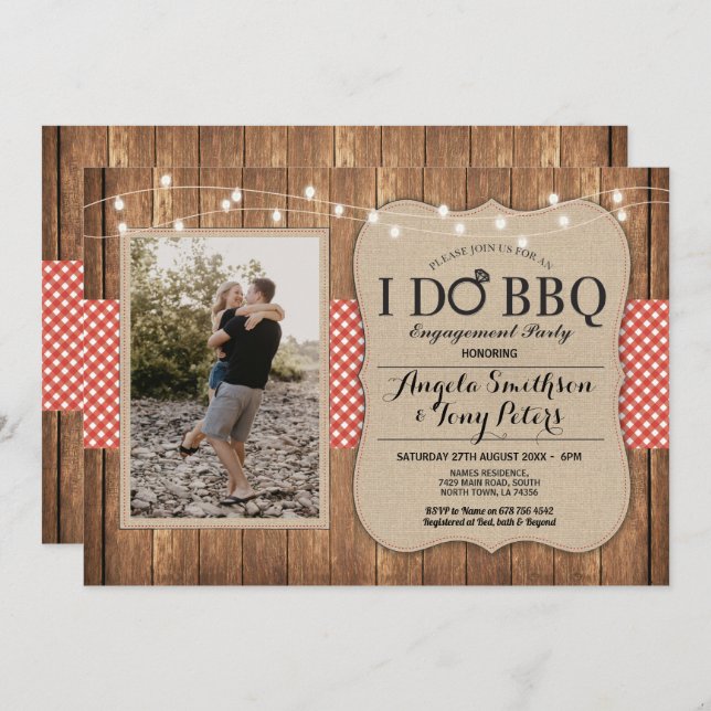 I Do BBQ Engagement Party Photo Red Check Invite (Front/Back)