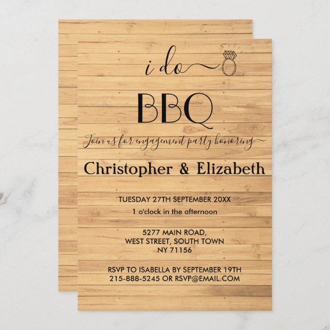 I DO BBQ Engagement party Rustic wood Ring Custom Invitation (Front/Back)