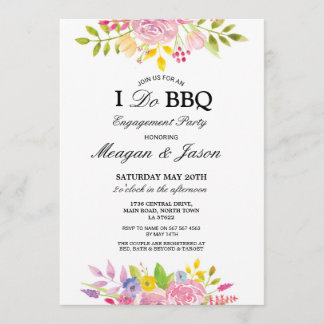 I Do BBQ Floral Pink Pretty Engagement Invitations