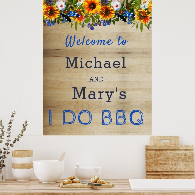 I DO BBQ Floral Wood Monogram Engagement Welcome Poster (Kitchen)