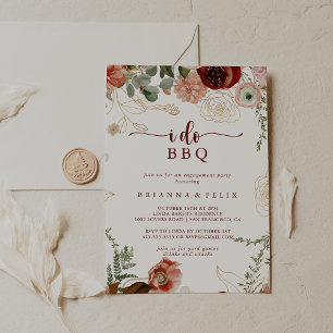 I Do BBQ Gold Rustic Floral Engagement Party   Invitation