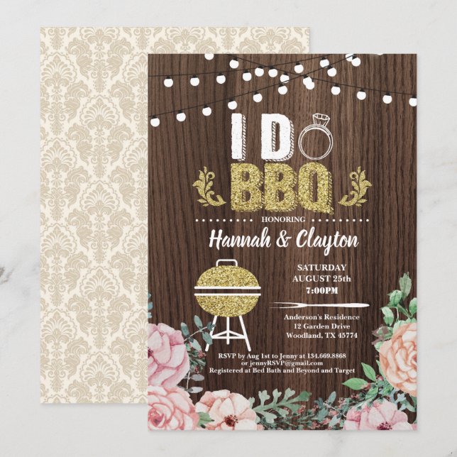 I do BBQ invitation. Engagement party rustic gold Invitation (Front/Back)