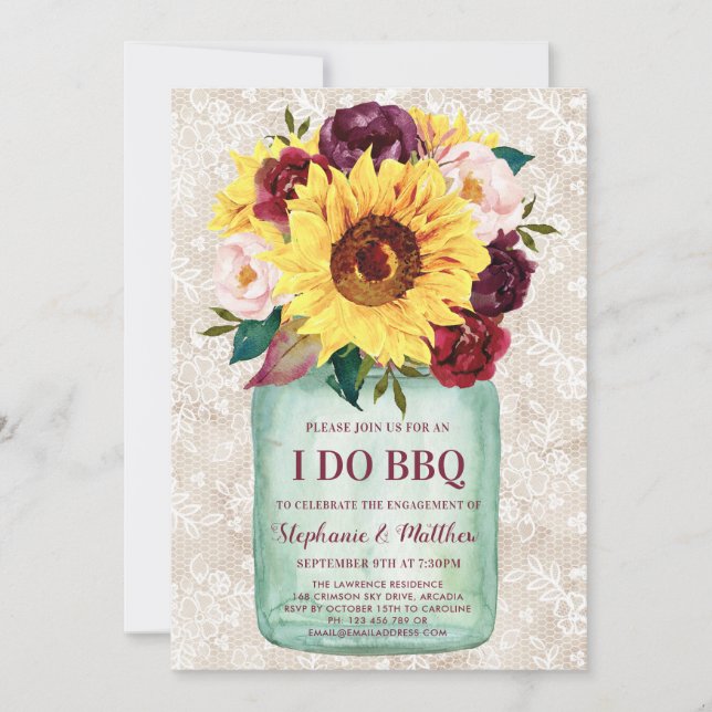 I Do BBQ Mason Jar Sunflowers Lace Engagement Invitation (Front)