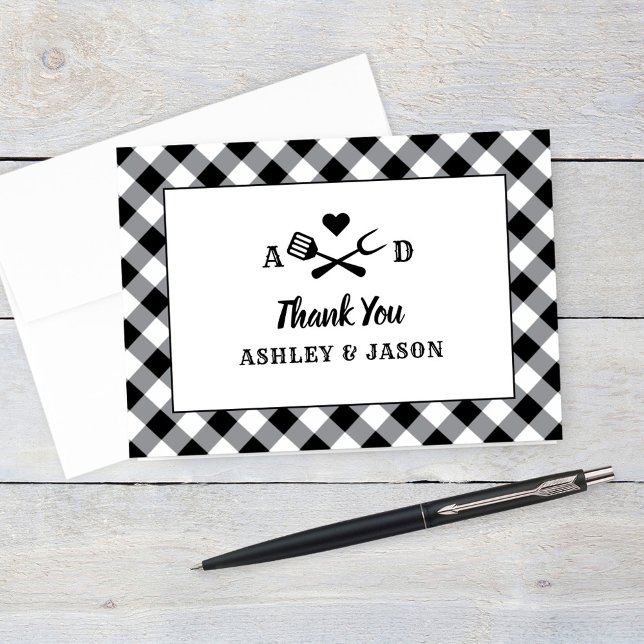 I Do BBQ Monogram Black Gingham Wedding Thank You Card (Creator Uploaded)