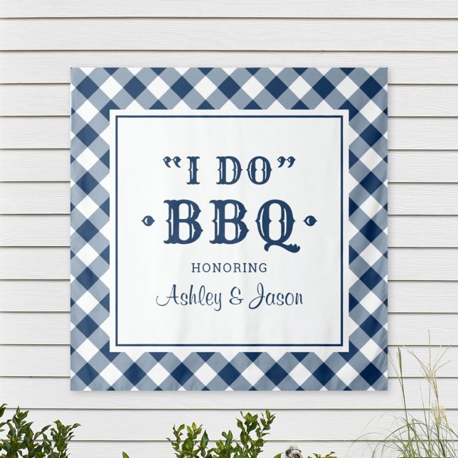 I Do BBQ Navy Gingham Wedding Backdrop Tapestry (Creator Uploaded)