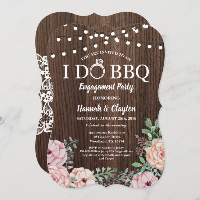 I do BBQ party invitation - rustic wood pink roses (Front/Back)