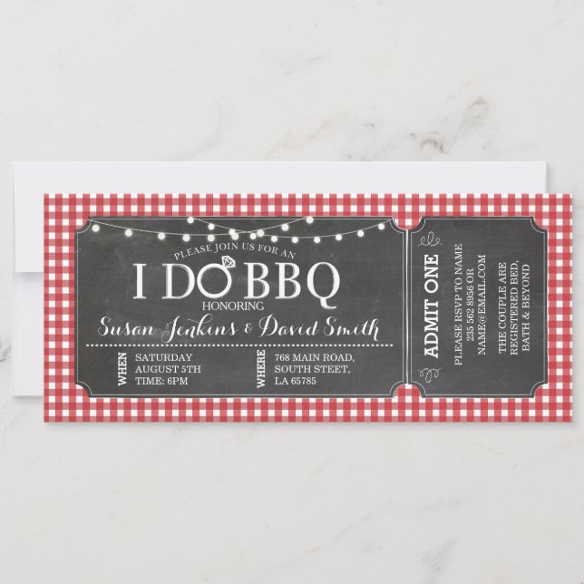 I DO BBQ Red Engagement Chalk Ticket Invitation (Front)