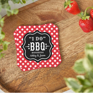 I Do BBQ Red Gingham Custom Wedding Square Paper Coaster