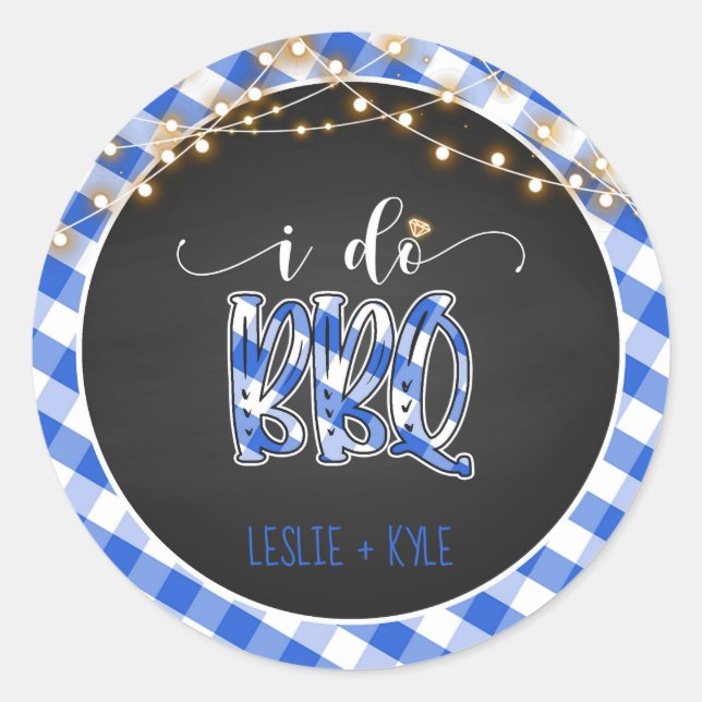 I Do BBQ Round Sticker - Blue Gingham - Custom (Front)