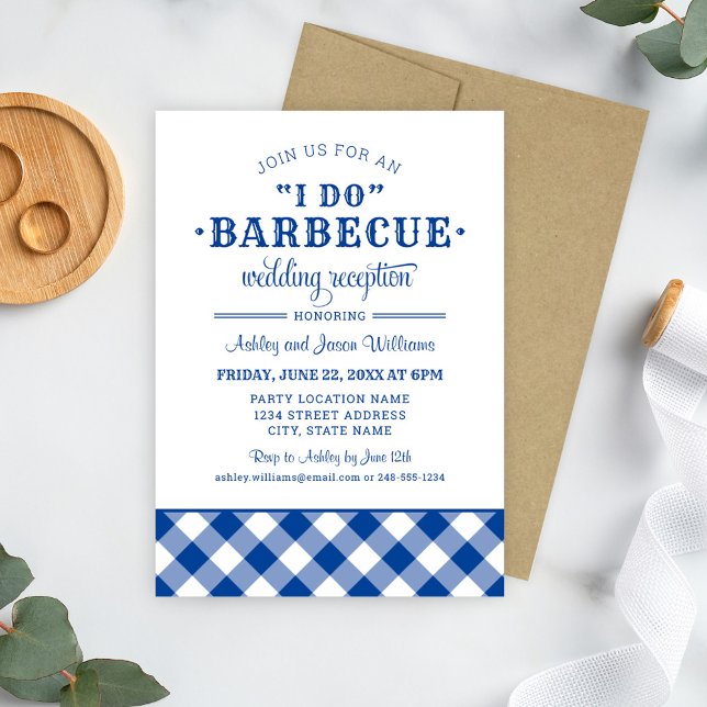 I Do BBQ Royal Blue Gingham Reception Invitation (Creator Uploaded)