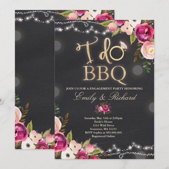 I Do BBQ Rustic Engagement Invitation Florals (Front/Back)
