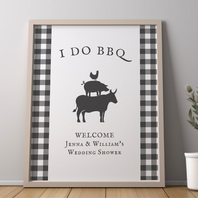 I Do BBQ Rustic Farmhouse Grey Plaid Welcome Poster (I Do BBQ editable welcome poster from my Rustic Farmhouse BBQ Bridal Shower)