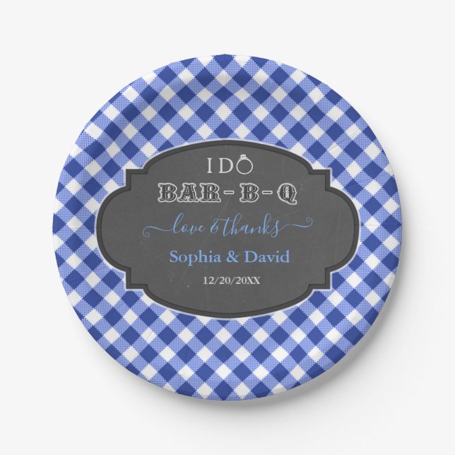 I DO BBQ Rustic Gingham Chalk Engagement Paper Plate (Front)